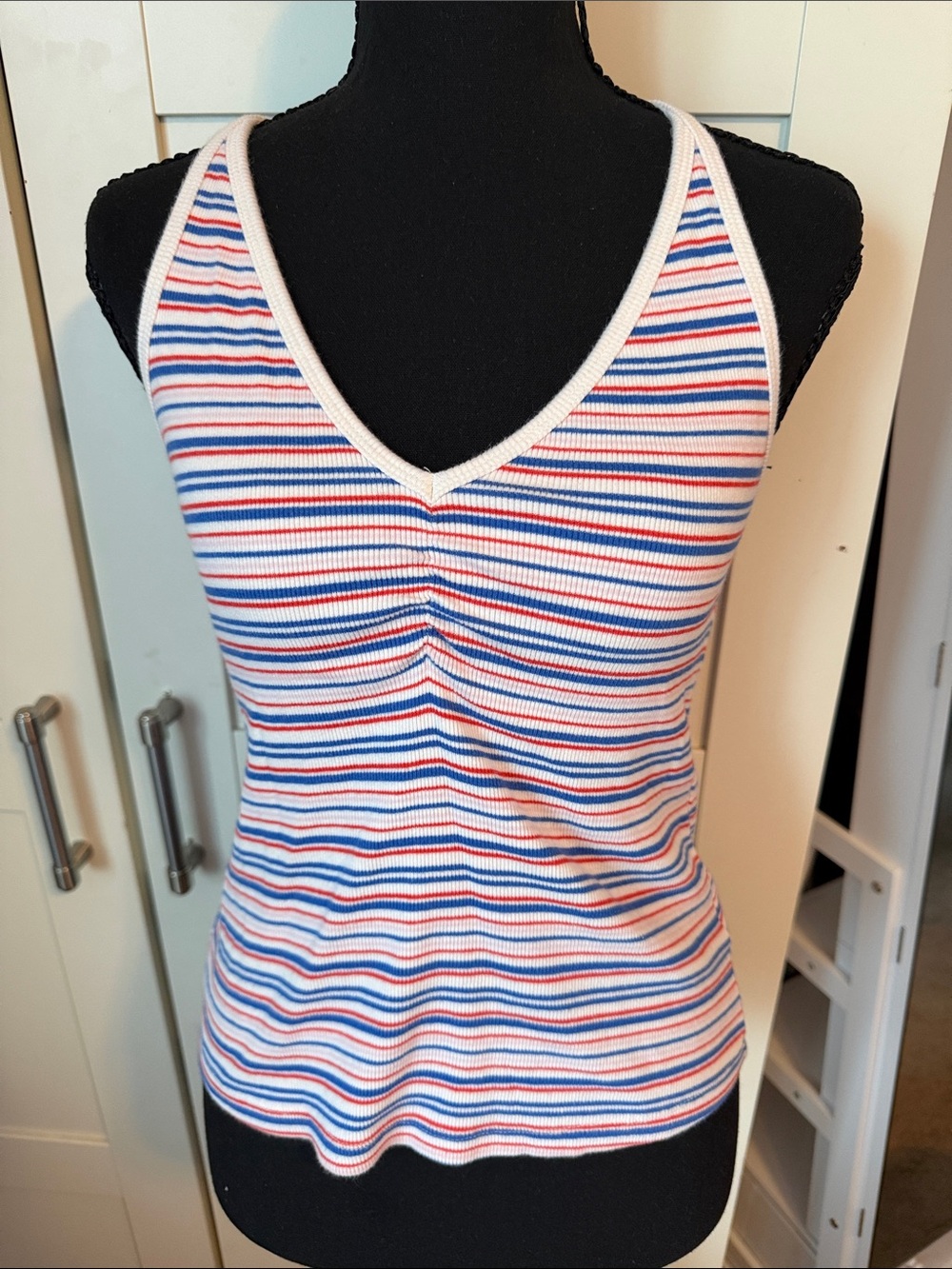 Old Navy Blue, Pink & White Ribbed V-Neck Tank Top
